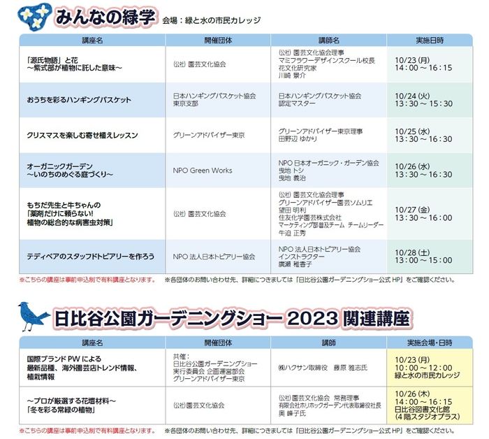 みんなの緑学＆日比谷公園ガーデニングショー関連講座一覧