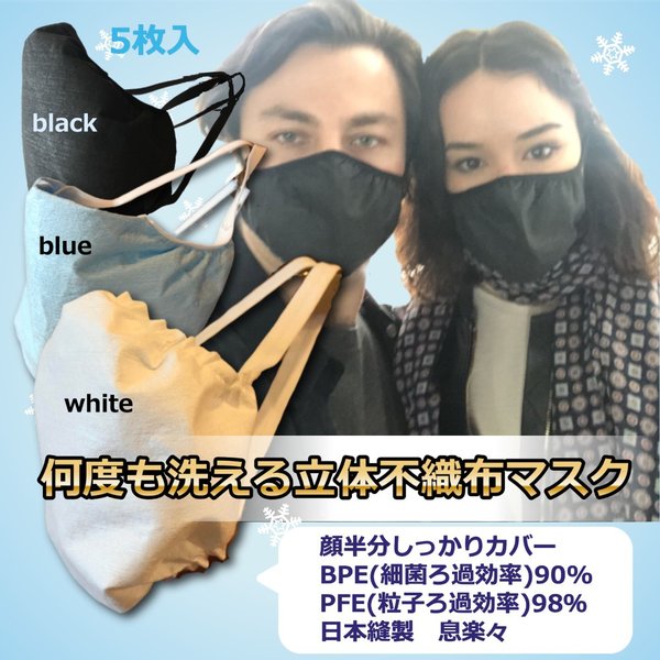 肌に心地よくてバクテリアフィルタ効果90％の、洗える立体マスクが5枚入り750円