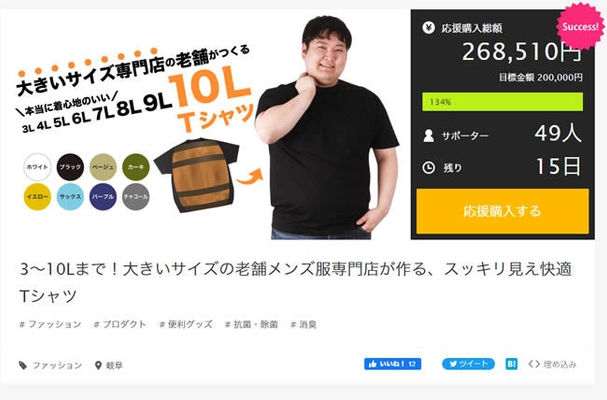 10LサイズまでのメンズTシャツをつくる応援購入サービス、 目標金額達成！Makuakeにて1/20までプロジェクト実施