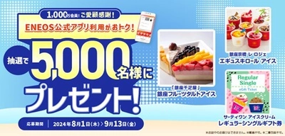 １，０００万会員感謝企画！暑い夏を爽やかに！アイスギフトが当たる！ 「ＥＮＥＯＳ公式アプリを利用した給油で当たるキャンペーン」実施