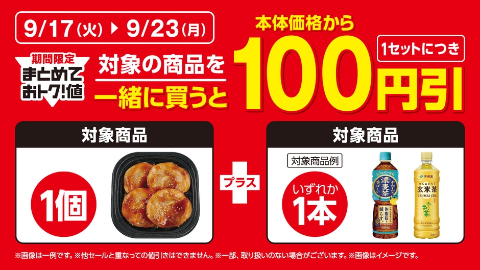 【期間限定でまとめておトク!値】対象の商品を一緒に買うと、1セットにつき本体価格から100円引販促物(画像はイメージです。)