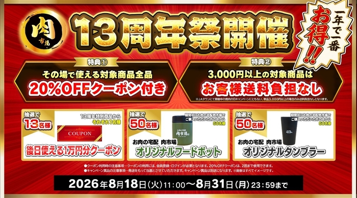 お肉の宅配 肉市場 １３周年記念キャンペーン概要