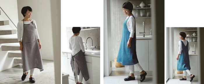 左・左中:リボンエプロン(カラー:マーク)右中・右:ドレスエプロン(カラー:ラピス)