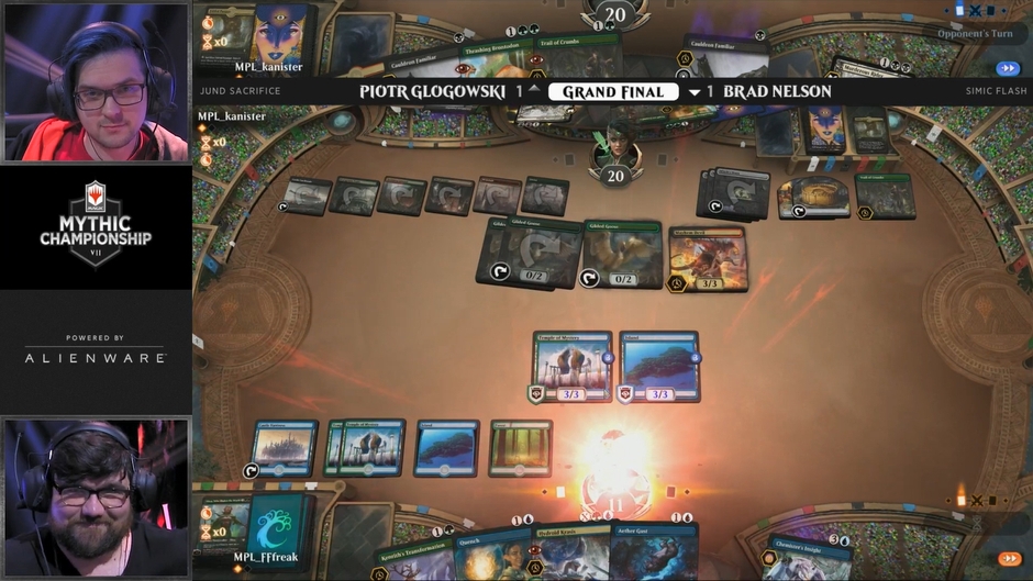 決着の瞬間。グロゴウスキ選手の完璧な布陣を前にネルソン選手が投了を選択した。