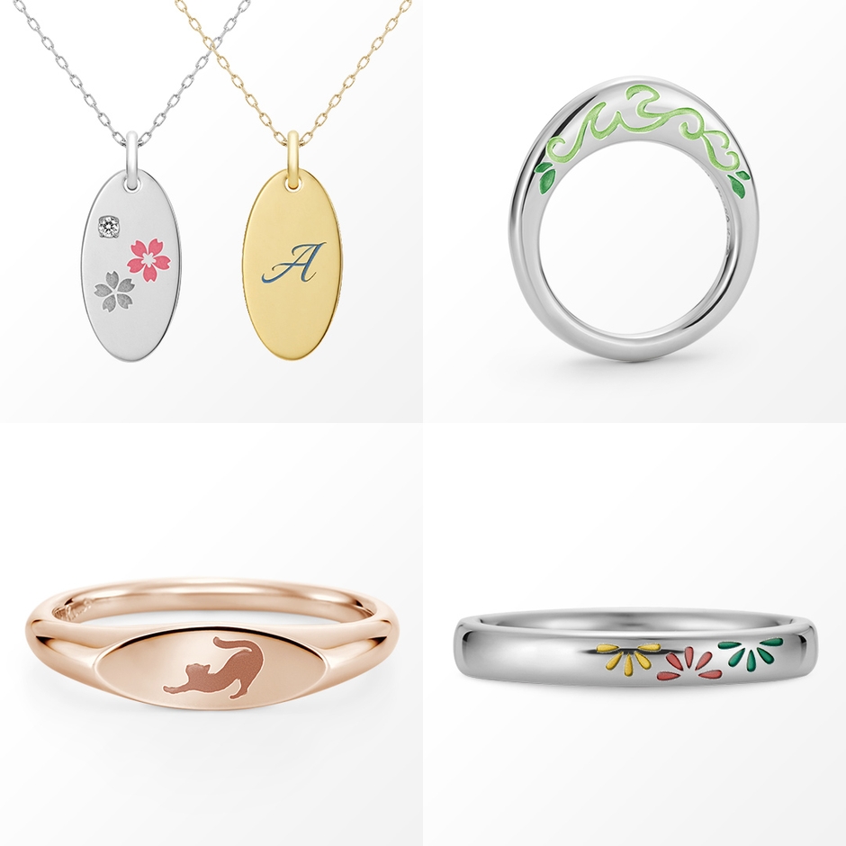 対象商品(全4種類)… 【画像上段/ネックレス】 左)プレートネックレス、右)べビーコッコ(ベビーリング) 【画像下段/指輪】 左)シグネットリング、右)ピェネッツア