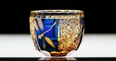 Jewel Kiriko 江戸切子×花岡グラヴィール 蜻蛉 琥珀瑠璃