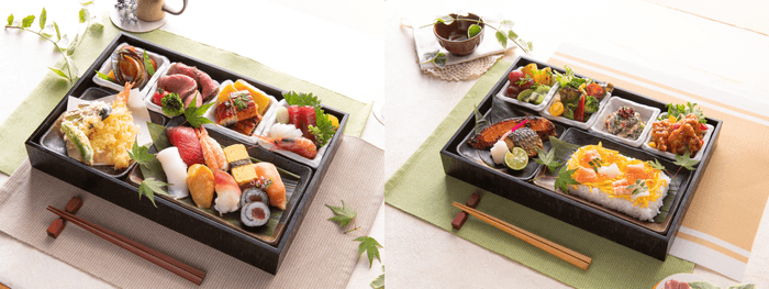 彩り鮮やかな「創作彩り御膳」(お一人様用イメージ画像 左:夕食、右:朝食)