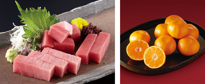 近大マグロセット(左)、近大みかん(右)