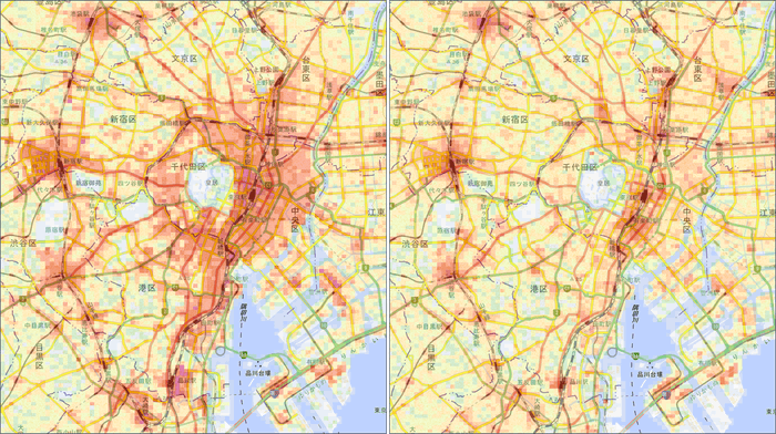 東京都内の平日(左)と休日(右)の昼間人口(12-15時)の比較