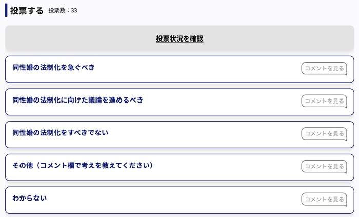 「同性婚の法制化をすべきか?」投票画面