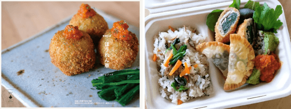 曽爾村のほうれん草のレシピブック（左）、曽爾村のほうれん草を使用した特製弁当（右）