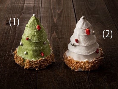 (1)「グリーンツリー（抹茶）」  (2)「ホワイトツリー（マスカルポーネ）」