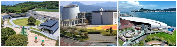 イベントの舞台となる3施設(左:蜂ヶ峯総合公園／中央:防府市青少年科学館 ソラール／右:下関市立しものせき水族館「海響館」)