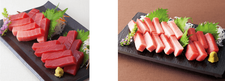 ＜黒門市場　新魚栄＞近大マグロセット（左）、近大マグロセット（右）