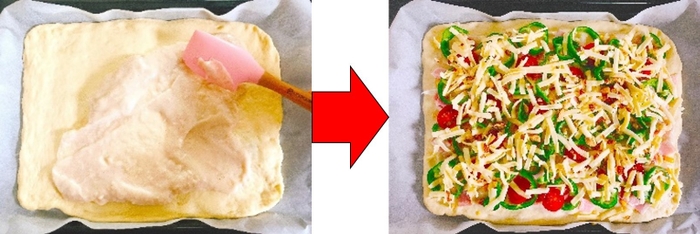 作り方6:アーモンドミルクソースを塗ってお好みのトッピングを乗せる