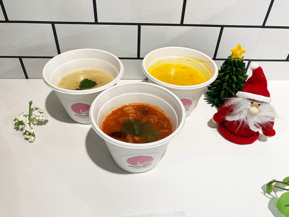 ▲左から「さつまいものポタージュ」、「ミネストローネ」、「かぼちゃのポタージュ」(各 税込400円)