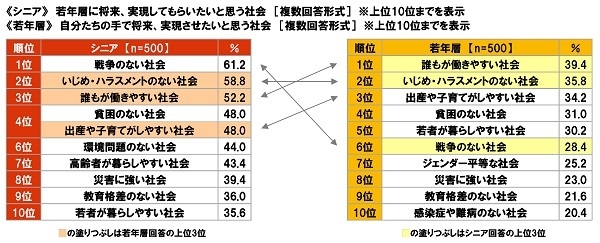 《シニア》若年層に将来、実現してもらいたいと思う社会《若年層》自分たちの手で将来、実現させたいと思う社会