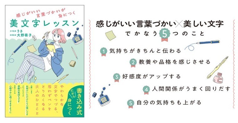 美文字インスタグラマー・りさ ✕『言いかえ図鑑』・大野萌子による  書き込み式『美文字レッスン』7/28発売　“理想の文字”も、“感じがいい言葉づかい”も身につく