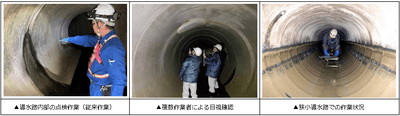 【現状】熟練作業者が導水路内部に入り、目視・巻き尺で点検を実施