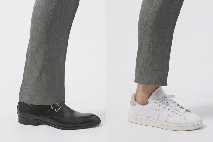 左)ジャスト丈でかっちり、(右)ショート丈でカジュアルなスタイルに