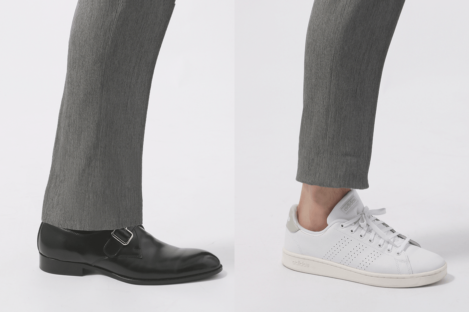 左)ジャスト丈でかっちり、(右)ショート丈でカジュアルなスタイルに