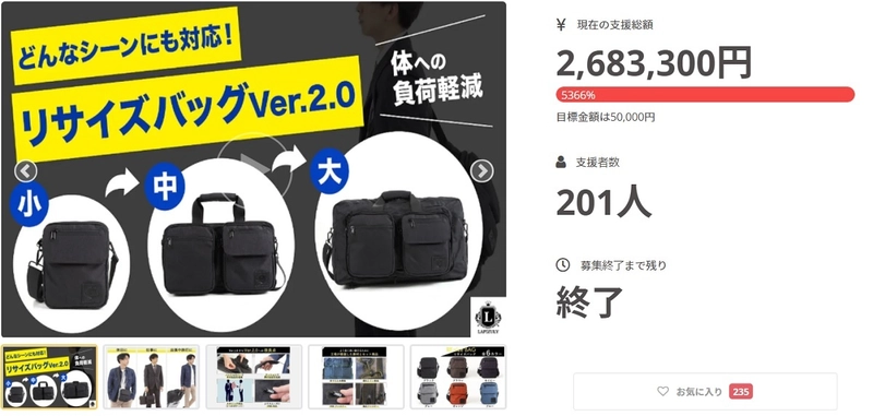 【リサイズバッグ】1つで3つのサイズに調節可能！ CAMPFIREにて販売開始1週間で、目標金額の970％を突破