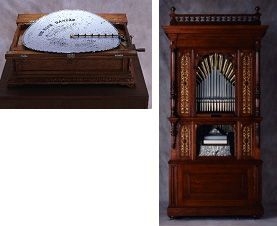 【左】オーケストラル・レジーナ6型 ディスク・オルゴール アメリカ/1900年頃【右】ヴェルテ2型自動演奏オルガン ドイツ/1900年頃