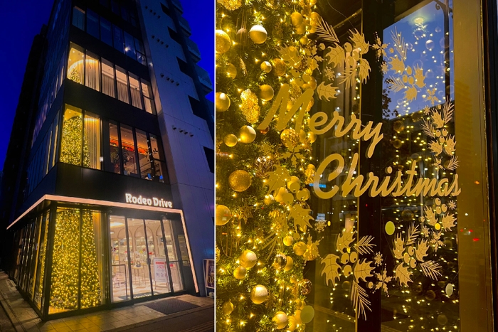 ゴールドに輝くクリスマスツリーとウィンドウデコレーションがホリデーシーズンを彩る