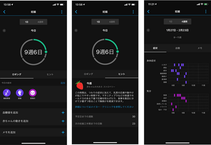 妊娠アプリ画面:左から毎日の記録、ヒント、4週間データ