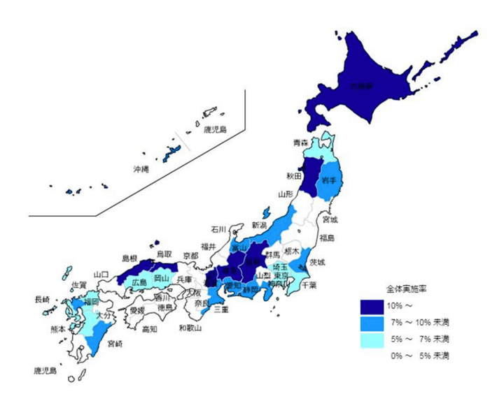 ▲出典：日本の精神科診療所における認知行動療法の提供に関する実態調査「都道府県別の認知行動療法実施率」