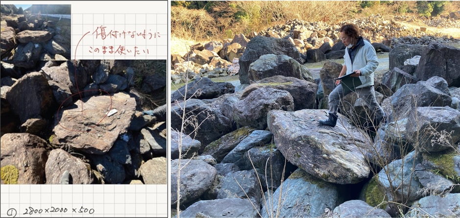 気に入った石に番号を明記（左）保管場所で石を選ぶ村上（右）