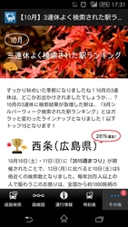 3連休にみんなが出掛けたのは「西条（広島）」駅？ 10月版「よく検索された駅ランキング」発表！