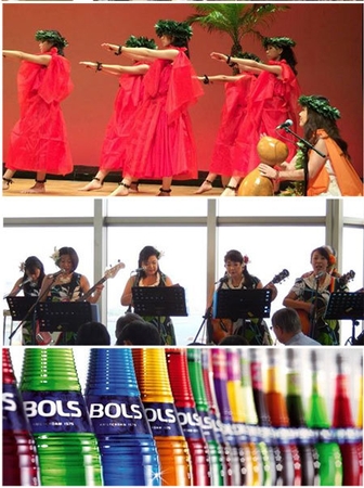 (上)フラダンス (中)“アロハウェーブス”による生演奏 (下)BOLSのカクテルブース