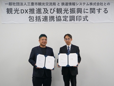 包括連携協定調印式(左から三豊市観光交流局 樋口会長、鉄道情報システム 上田取締役)