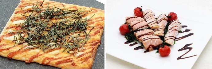 左:明太子とお餅の和風ピザ(1月・土日祝) 右:サーモンのロティ ソースバルサミコ(2月)