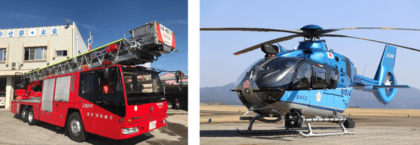 那賀消防組合消防はしご車「ひまわり」（左）、県警航空隊ヘリコプター「きのくに」（右）