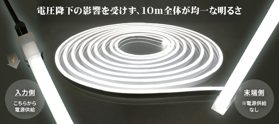 電圧降下の影響を受けずに10mまで均一な明るさ