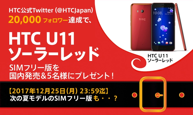 HTC NIPPONがTwitterでクリスマスキャンペーンを開始　 20,000フォロワー達成で 限定スマートフォン「HTC U11ソーラーレッド」国内発売