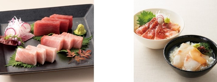 〈黒門市場 新魚栄〉 近大マグロセット(左)、近大マグロ漬け丼&近大鯛茶漬け(右)