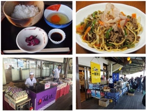 (左上)加古川産オクノのたまごを使用したたまごかけごはん (右上)六甲山名物ジンギスカン焼きそば (左下)永楽堂出店時の様子 (右下)六甲ガーデンテラスセレクション開催時の様子