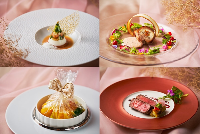 左上:オマール海老とカリフラワーのショーフロワ 右上:ホロホロ鶏と洋風きんぴらのバロティーヌ 左下:金目鯛と石窯焼き鮑のカルタファタ包み 右下:国産牛サーロインの炭火焼