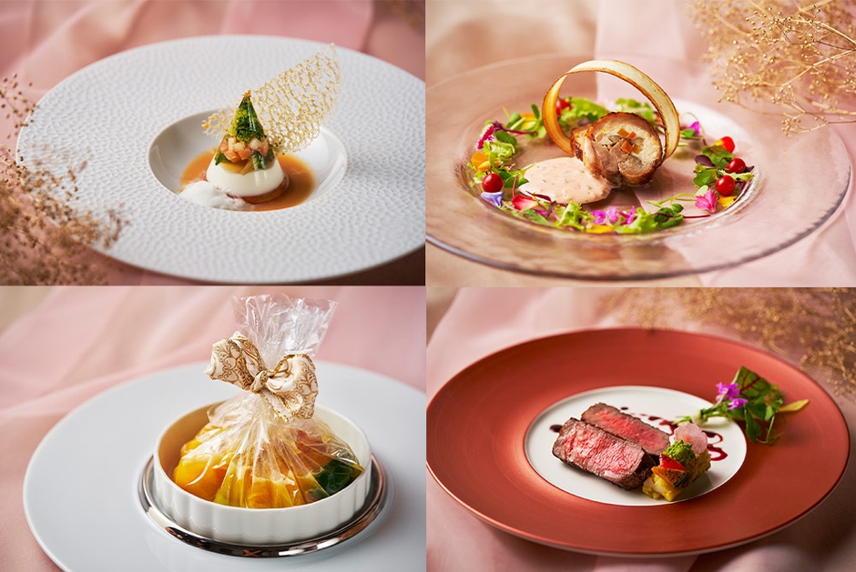 左上:オマール海老とカリフラワーのショーフロワ 右上:ホロホロ鶏と洋風きんぴらのバロティーヌ 左下:金目鯛と石窯焼き鮑のカルタファタ包み 右下:国産牛サーロインの炭火焼