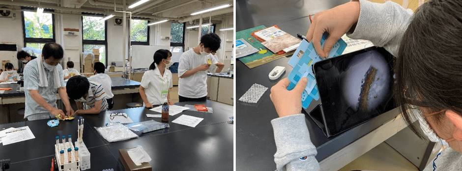 昨年の同イベントの様子(左)、手作り顕微鏡(右)