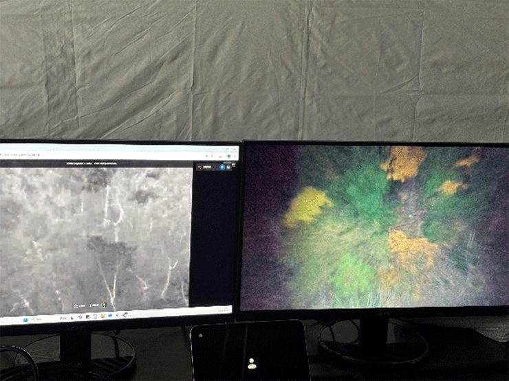 <リアルタイムに伝送されている映像>(左:サーマルカメラ、右:可視光カメラ)