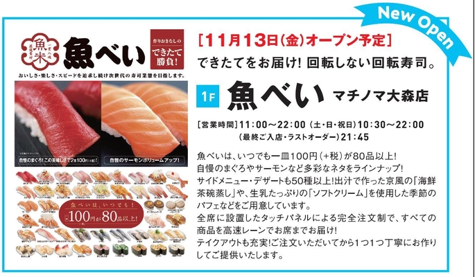 「マチノマ大森」魚べい(寿司)11/13(金)開業予定　 ～11/3(火祝)まで「2nd Anniversary」実施中～