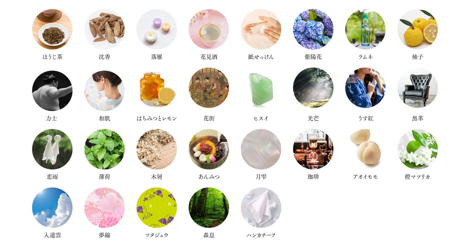 J-Scent 香りのラインアップイメージ(上記画像は陽茉莉、ごちそうの香りを除く)