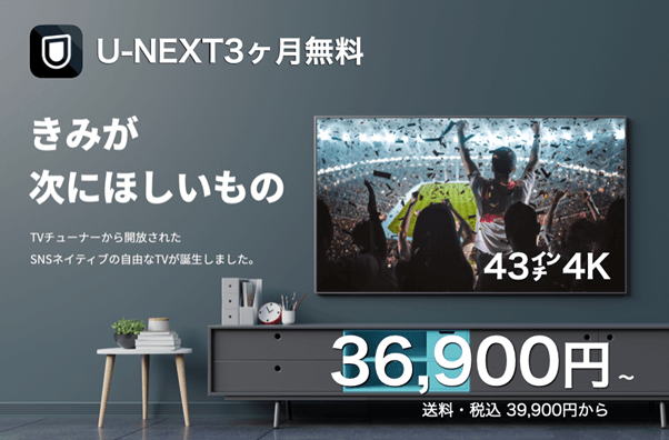 U-NEXT 3ヶ月無料付き！超早割で実質36,900円から チューナーレス4K 