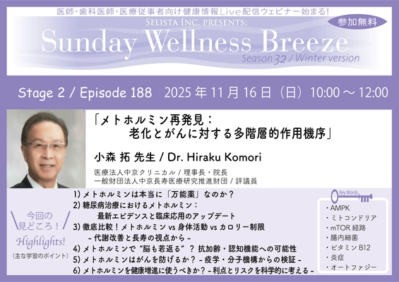 《医師・歯科医師・薬剤師向け》 無料オンラインセミナー11/16(日)朝10時開催 『メトホルミン再発見：老化とがんに対する多階層的作用機序』 小森 拓 先生(医療法人中京クリニカル / 理事長・院長)