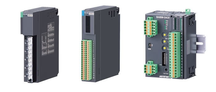 左から電電ポジショナカード(形式：R3-MEX2)、熱量演算カード(形式：R3S-CM2A)、接点4点入力、リレー4点出力ユニット(形式：BA8BM-DAC8)