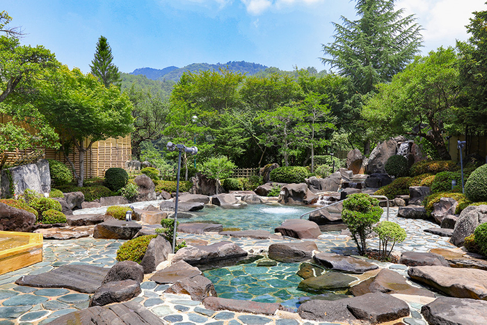 オープン日頃には露天風呂敷地内に植えられた枝垂れ桜や緑が芽吹く木曽の山並みを眺めながらの入浴を。